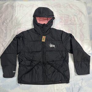Stussy Black And Pink Hooded Down Jacket With Embroidered Logo